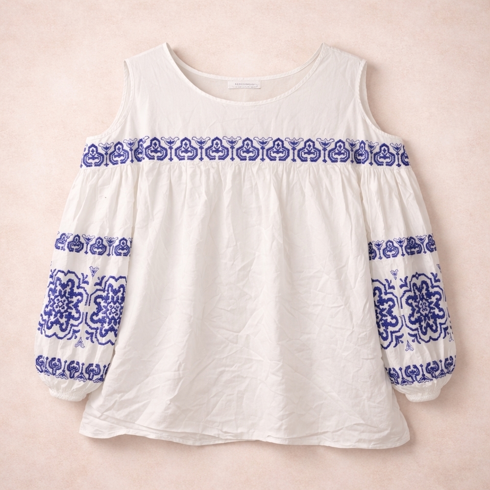 Reserved Embroidered Blouse Womens Small White Blue Boho Peasant Top - Picture 2 of 5